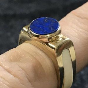 Vintage Mens Lapis Lazuli Ring 18K Gold + Bone